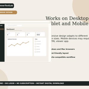 May include: A digital Petcare Pro dashboard interface displayed on a screen, featuring a dark sidebar, a light main area with a line graph, and summary boxes. Text includes PlannerToolLab, Responsive Design, and Works on Desktop, Tablet and Mobile.