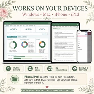 May include: A digital planning dashboard displayed on a laptop, tablet, and smartphone. The interface features financial charts, budget trackers, and text instructions. Text includes: WORKS ON YOUR DEVICES, WORKS OFFLINE, NO LOGIN, NO SUBSCRIPTION, BACKUP & RESTORE.