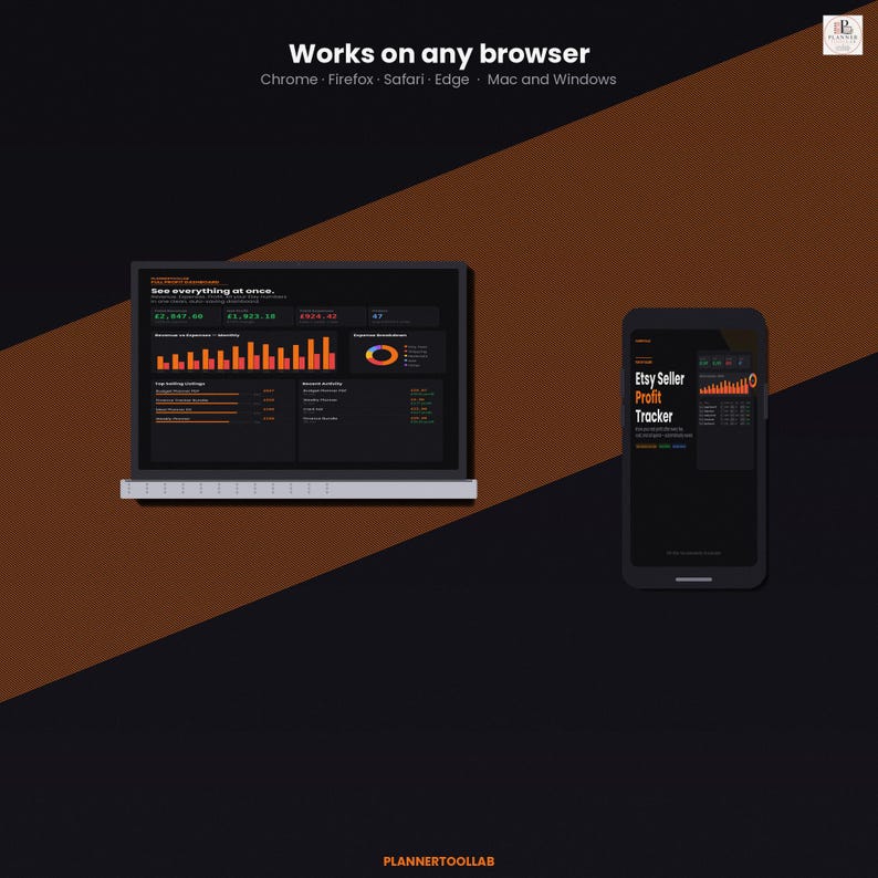 May include: A digital dashboard interface displayed on a laptop and a smartphone. The screen shows the text Works on any browser, Chrome, Firefox, Safari, Edge, Mac and Windows, and Etsy Seller Profit Tracker with various financial charts.