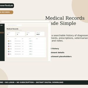 May include: A digital interface for Petcare Pro displaying a medical records dashboard with a searchable history of diagnoses, treatments, prescriptions, and notes. The layout includes a sidebar, summary boxes, and a table with pet names and status indicators.