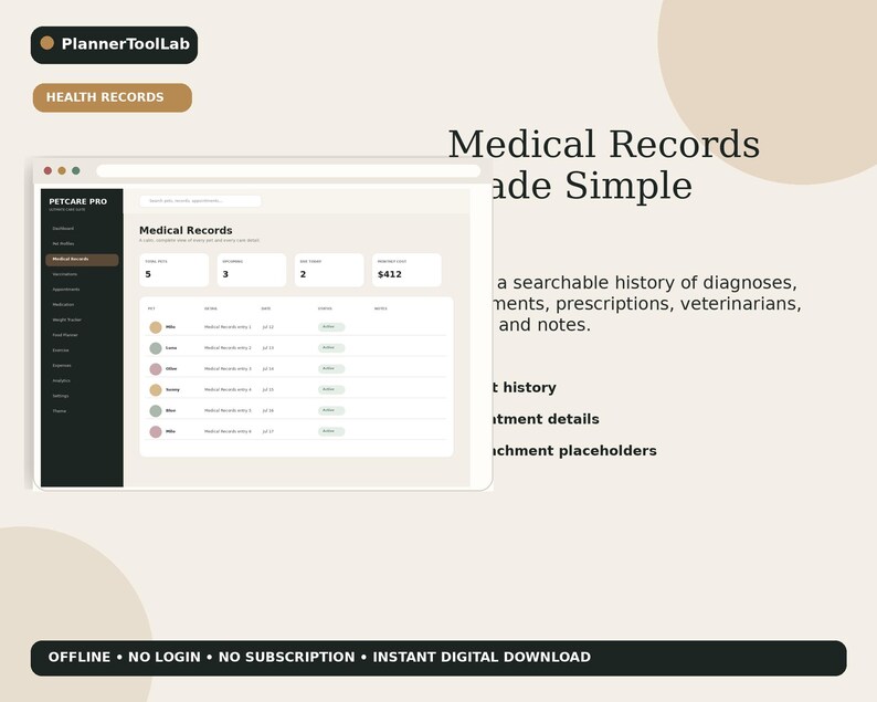 May include: A digital interface for Petcare Pro displaying a medical records dashboard with a searchable history of diagnoses, treatments, prescriptions, and notes. The layout includes a sidebar, summary boxes, and a table with pet names and status indicators.