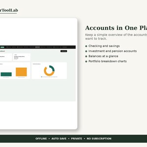 May include: A digital dashboard interface titled Accounts in One Place by PlannerToolLab. It displays financial tracking features including checking, savings, investment, and pension accounts with balance charts and a portfolio breakdown. Bottom text reads: OFFLINE &bull; AUTO SAVE &bull; PRIVATE &bull; NO SUBSCRIPTION.