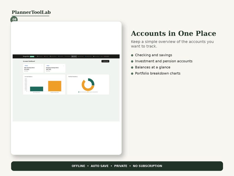 May include: A digital dashboard interface titled Accounts in One Place by PlannerToolLab. It displays financial tracking features including checking, savings, investment, and pension accounts with balance charts and a portfolio breakdown. Bottom text reads: OFFLINE &bull; AUTO SAVE &bull; PRIVATE &bull; NO SUBSCRIPTION.