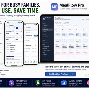 May include: MealFlow Pro software interface displayed on a laptop and two smartphones. The screens show a meal planner, grocery list, and dashboard with budget tracking. Text includes Designed for busy families, Easy to use, Save time.
