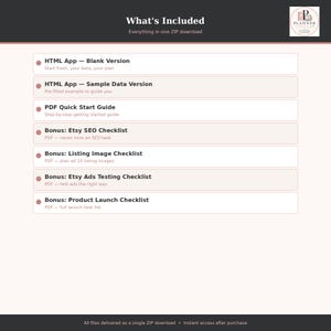 May include: A digital product list titled What's Included, featuring an HTML App in blank and sample versions, a PDF Quick Start Guide, and four bonus checklists for Etsy SEO, listing images, ads testing, and product launches in a ZIP file.
