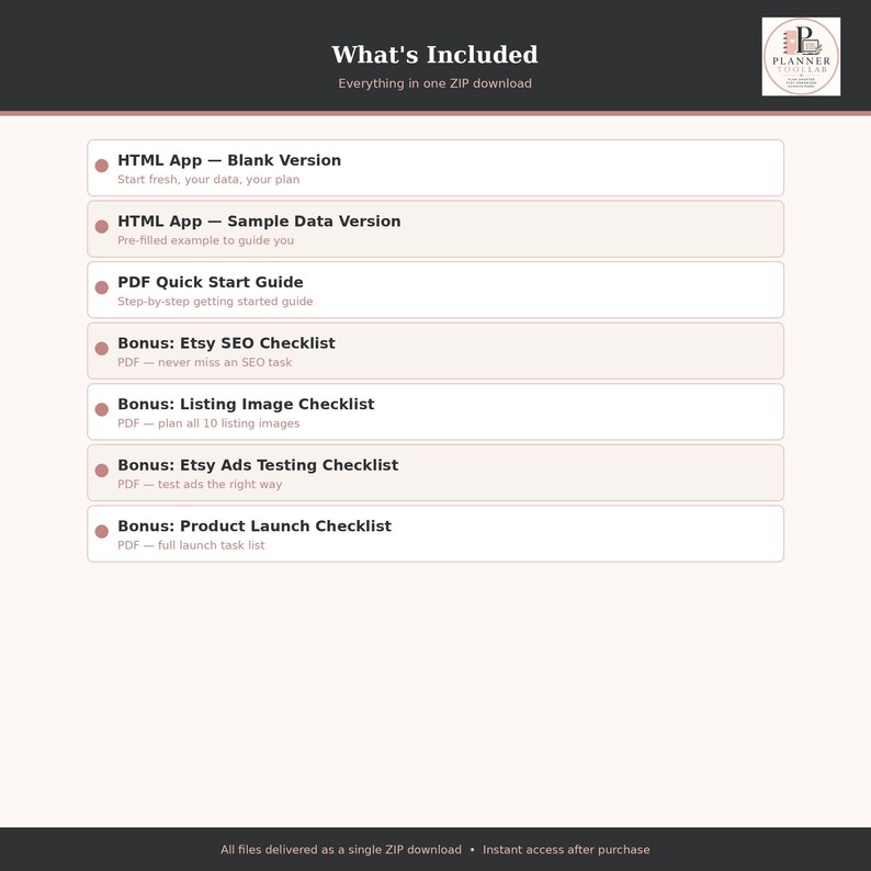 May include: A digital product list titled What's Included, featuring an HTML App in blank and sample versions, a PDF Quick Start Guide, and four bonus checklists for Etsy SEO, listing images, ads testing, and product launches in a ZIP file.