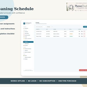 May include: A digital cleaning schedule interface titled Cleaning Schedule with text stating Coordinate turnovers with confidence, Cleaner assignments, Fees and instructions, and Completion checklist. The screen displays a table for property cleaning tasks, including columns for property, date, cleaner, fee, status, and action. The top right corner features the PlannerToolLab logo. A bottom banner lists Works Offline, No Login, No Subscription, and One-Time Purchase.