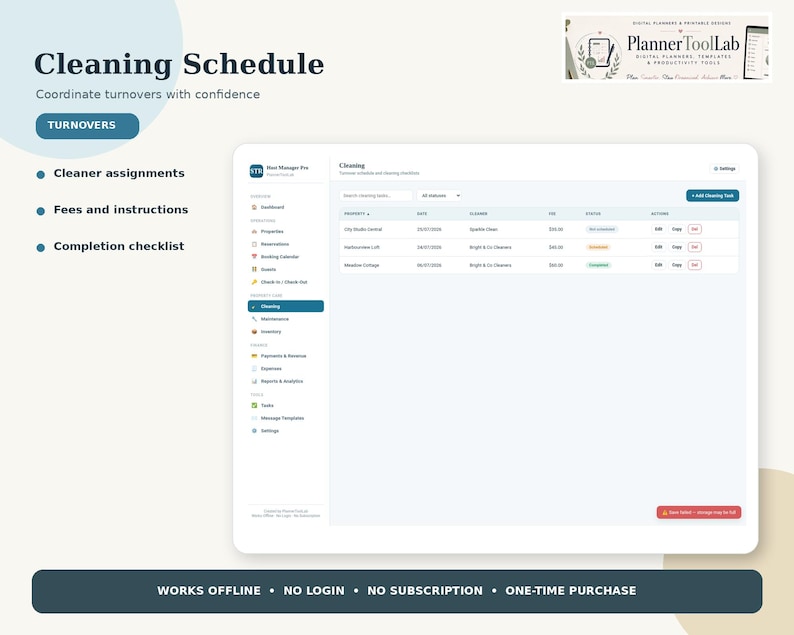 May include: A digital cleaning schedule interface titled Cleaning Schedule with text stating Coordinate turnovers with confidence, Cleaner assignments, Fees and instructions, and Completion checklist. The screen displays a table for property cleaning tasks, including columns for property, date, cleaner, fee, status, and action. The top right corner features the PlannerToolLab logo. A bottom banner lists Works Offline, No Login, No Subscription, and One-Time Purchase.