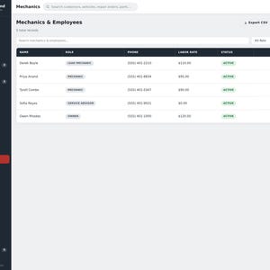 May include: A digital dashboard interface titled Garage Command displaying a Mechanics and Employees table. The table lists names, roles, phone numbers, labor rates, and active status for five individuals, with navigation menus on the left sidebar.