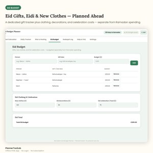 May include: A digital Eid Budget Planner interface featuring sections for gift tracking, clothing, decorations, and celebration costs. The screen displays input fields for person, gift idea, and budget in pounds, with a total calculation at the bottom.