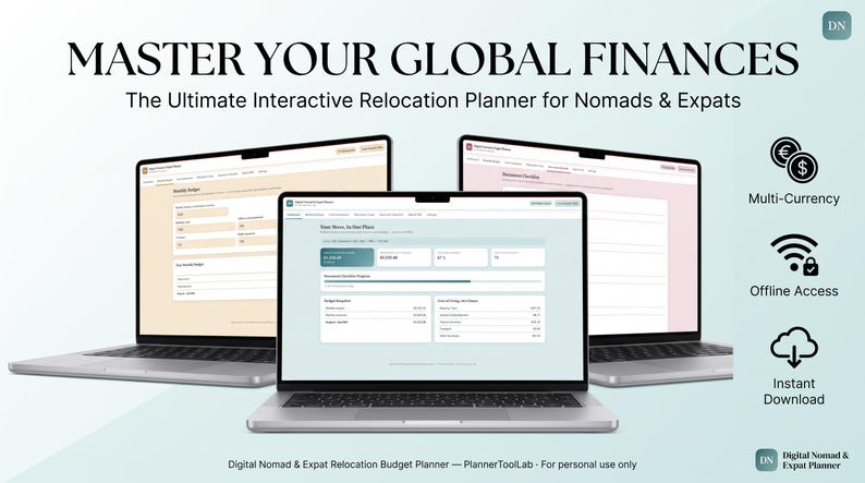 May include: Three laptops displaying a digital relocation budget planner with the text MASTER YOUR GLOBAL FINANCES and The Ultimate Interactive Relocation Planner for Nomads & Expats. Icons indicate Multi-Currency, Offline Access, and Instant Download.