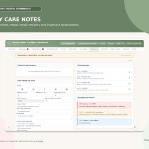 Puede incluir: Un panel digital interactivo de notas de cuidado diario para cuidadores de padres ancianos. La interfaz incluye secciones para entradas de registro diario, estado de &aacute;nimo, movilidad, apetito, niveles de dolor, calidad del sue&ntilde;o y protocolos de emergencia.