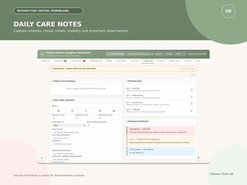Puede incluir: Un panel digital interactivo de notas de cuidado diario para cuidadores de padres ancianos. La interfaz incluye secciones para entradas de registro diario, estado de &aacute;nimo, movilidad, apetito, niveles de dolor, calidad del sue&ntilde;o y protocolos de emergencia.