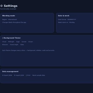 May include: A dark-themed digital interface titled Settings for the Focus Path study planner app. The layout features a left sidebar with navigation icons and a main area containing cards for Wording mode, Date & week, Background Theme, and Data management options.