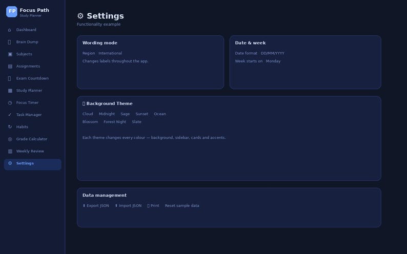 May include: A dark-themed digital interface titled Settings for the Focus Path study planner app. The layout features a left sidebar with navigation icons and a main area containing cards for Wording mode, Date & week, Background Theme, and Data management options.
