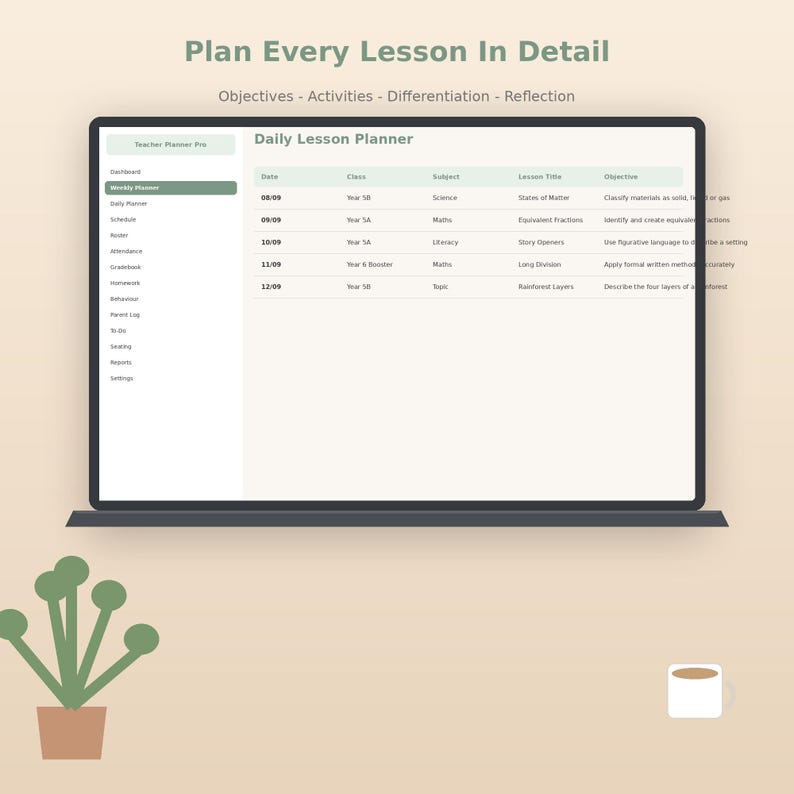May include: A digital daily lesson planner displayed on a laptop screen with the text Plan Every Lesson In Detail, Objectives - Activities - Differentiation - Reflection, and Teacher Planner Pro. The interface shows columns for date, class, subject, lesson title, and objective.