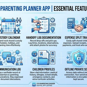 May include: An infographic titled CO-PARENTING PLANNER APP | ESSENTIAL FEATURES. It displays six blue-toned icons representing a custody calendar, handoff log, expense split tracker, communication log, children profiles, and offline secure data access.