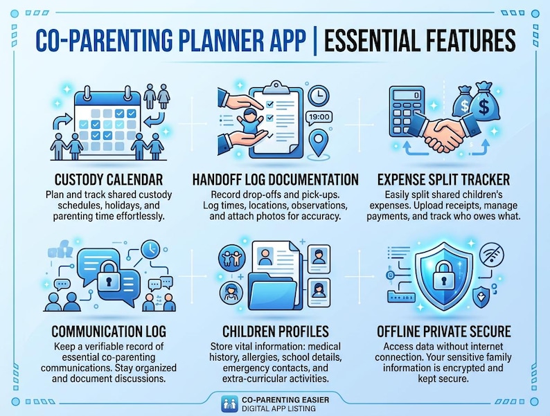 May include: An infographic titled CO-PARENTING PLANNER APP | ESSENTIAL FEATURES. It displays six blue-toned icons representing a custody calendar, handoff log, expense split tracker, communication log, children profiles, and offline secure data access.