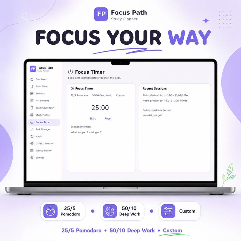 May include: A laptop screen displaying the Focus Path study planner interface with a focus timer set to 25:00. The dashboard includes a sidebar with navigation icons and a main area showing session intentions, recent sessions, and timer options.