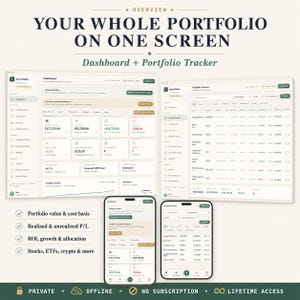 May include: A digital investment portfolio tracker interface displayed on two desktop monitors and two smartphones. The screens show a dashboard and tracker with financial data, charts, and tables. Text includes "YOUR WHOLE PORTFOLIO ON ONE SCREEN" and "Dashboard + Portfolio Tracker".
