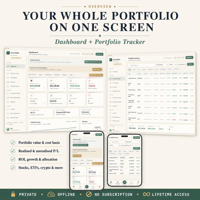 May include: A digital investment portfolio tracker interface displayed on two desktop monitors and two smartphones. The screens show a dashboard and tracker with financial data, charts, and tables. Text includes "YOUR WHOLE PORTFOLIO ON ONE SCREEN" and "Dashboard + Portfolio Tracker".