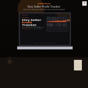 May include: A digital laptop screen displaying the Etsy Seller Profit Tracker software interface. The dark-themed dashboard features white and orange text, financial data tables, bar charts, and a circular progress graphic for tracking business expenses.