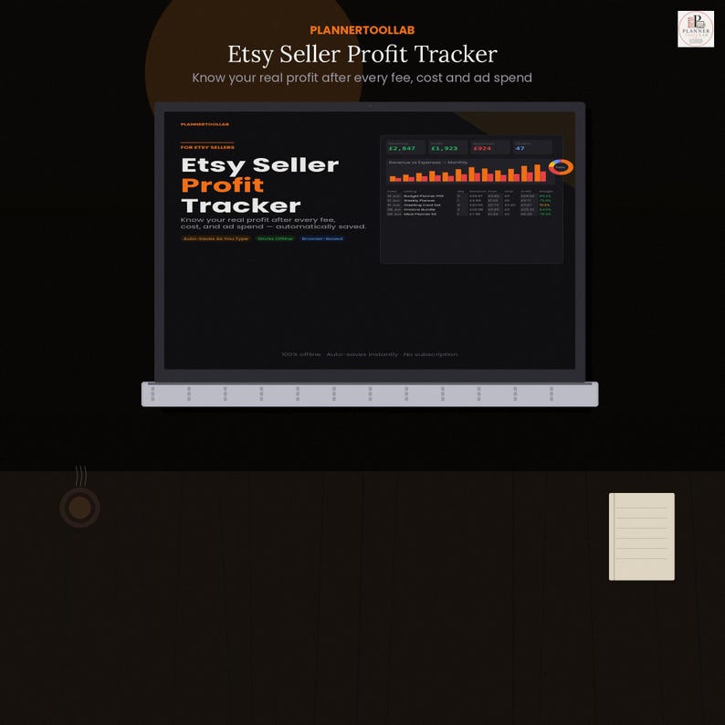 May include: A digital laptop screen displaying the Etsy Seller Profit Tracker software interface. The dark-themed dashboard features white and orange text, financial data tables, bar charts, and a circular progress graphic for tracking business expenses.