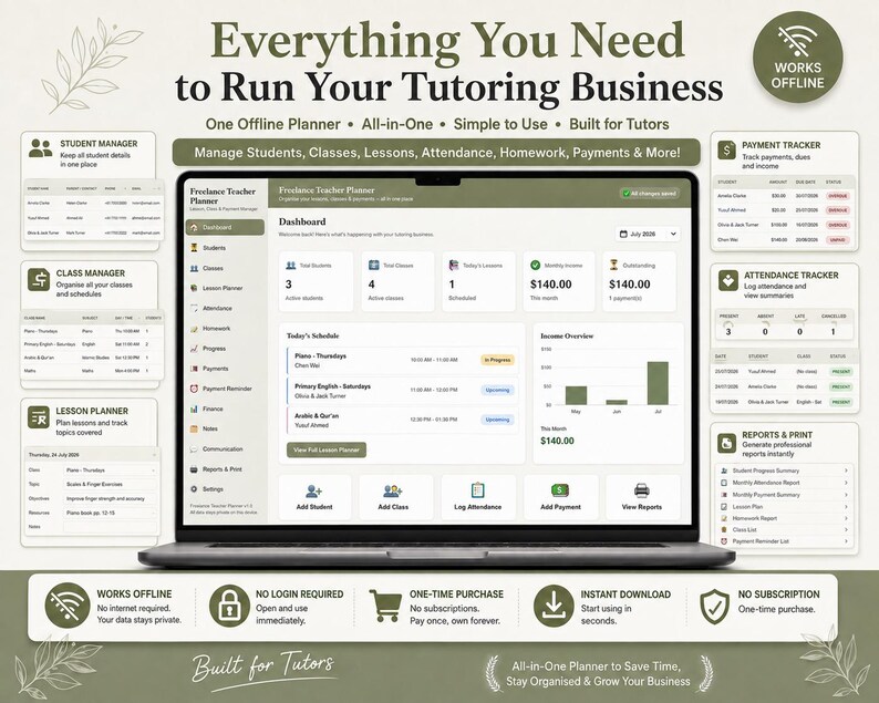 May include: A digital tutoring business planner displayed on a laptop screen, featuring a dashboard with student, class, lesson, and payment trackers. The interface includes sections for schedules, income overview, and attendance logs, with text labels for all management tools.