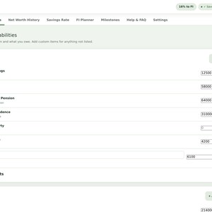May include: A digital interface for a Net Worth & FI Tracker application displaying an Assets & Liabilities dashboard. The screen features input fields for cash, investments, retirement, property, and crypto, with a total assets sum of &pound;454,800.