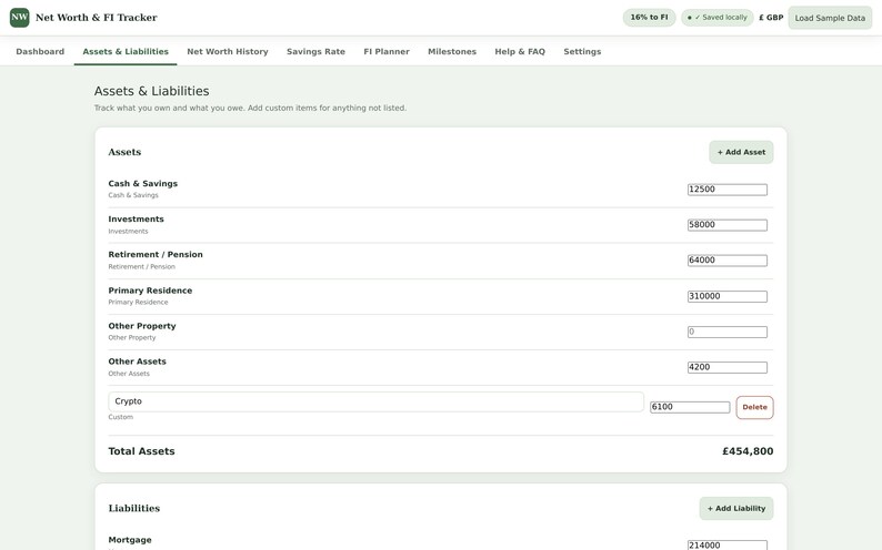 May include: A digital interface for a Net Worth & FI Tracker application displaying an Assets & Liabilities dashboard. The screen features input fields for cash, investments, retirement, property, and crypto, with a total assets sum of &pound;454,800.