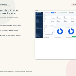 May include: A digital dashboard interface for an HVAC business manager displayed on a screen. The layout includes a dark blue sidebar, a white main area with data cards, financial metrics, a line graph, and two blue circular charts for status.