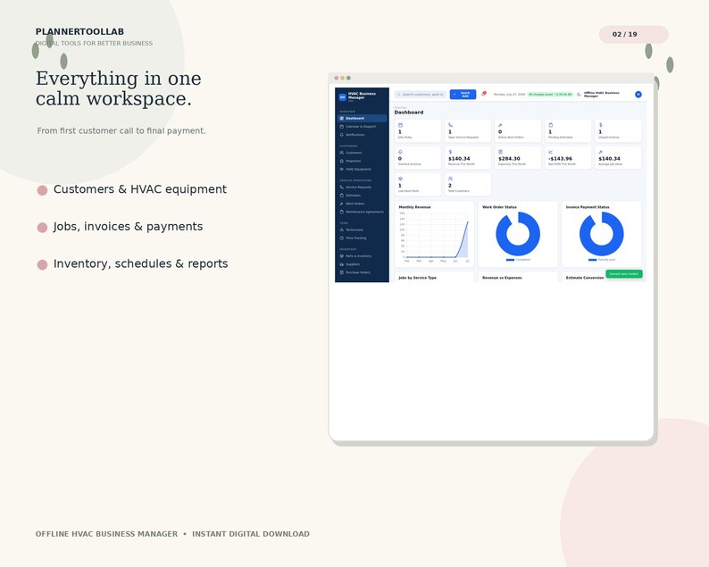 May include: A digital dashboard interface for an HVAC business manager displayed on a screen. The layout includes a dark blue sidebar, a white main area with data cards, financial metrics, a line graph, and two blue circular charts for status.