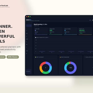 May include: A digital productivity dashboard interface titled PlannerToolLab Pro, featuring a dark theme with data visualization charts, including a line graph for weekly productivity scores and two colorful donut charts for habit categories and budget breakdown.