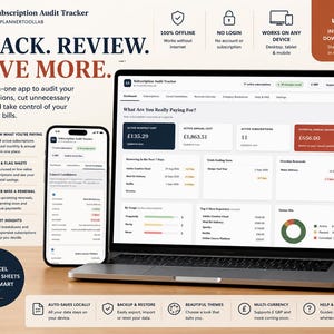 May include: A Subscription Audit Tracker app displayed on a laptop and smartphone screen. The interface shows financial data, including active monthly costs, annual costs, subscription counts, and potential savings, with various icons and text labels.