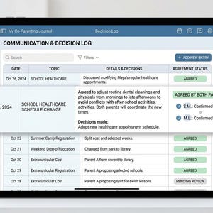 May include: A digital tablet displaying a My Co-Parenting Journal app with a Communication & Decision Log table. The screen shows entries for dates, topics, details, and agreement status, including a pop-up window detailing a school healthcare schedule change.