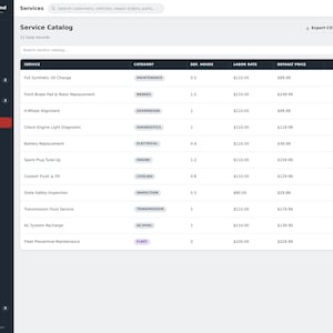 May include: A digital dashboard interface titled Garage Command displaying a Service Catalog table. The table lists automotive services, categories, default hours, labor rates, and prices, with a dark sidebar navigation menu on the left.