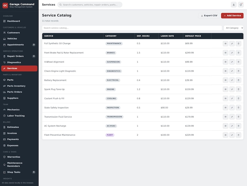 May include: A digital dashboard interface titled Garage Command displaying a Service Catalog table. The table lists automotive services, categories, default hours, labor rates, and prices, with a dark sidebar navigation menu on the left.