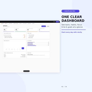 K&ouml;nnte beinhalten: Eine digitale Dashboard-Oberfl&auml;che f&uuml;r DailyPlan Pro mit Modulen zur Verfolgung von Aufgaben, Gewohnheiten und Zielen. Der Bildschirm zeigt Text, einschlie&szlig;lich ONE CLEAR DASHBOARD, See tasks, habits, focus time & goals at a glance und Start every day with clarity.