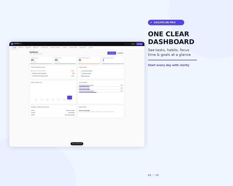 K&ouml;nnte beinhalten: Eine digitale Dashboard-Oberfl&auml;che f&uuml;r DailyPlan Pro mit Modulen zur Verfolgung von Aufgaben, Gewohnheiten und Zielen. Der Bildschirm zeigt Text, einschlie&szlig;lich ONE CLEAR DASHBOARD, See tasks, habits, focus time & goals at a glance und Start every day with clarity.