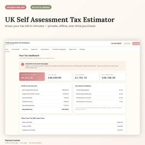 May include: A digital UK Self Assessment Tax Estimator interface displayed on a screen. The dashboard shows financial data including total income, expenses, net taxable profit, and tax owed. It features tabs for details, income, and calculations.