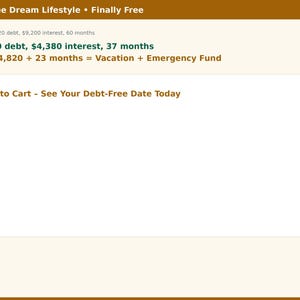 May include: A digital graphic with brown and cream text reading Debt-Free Dream Lifestyle Finally Free. It lists financial data comparing before and after scenarios, showing savings of $4,820 and 23 months, and includes the text Add to Cart - See Your Debt-Free Date Today.