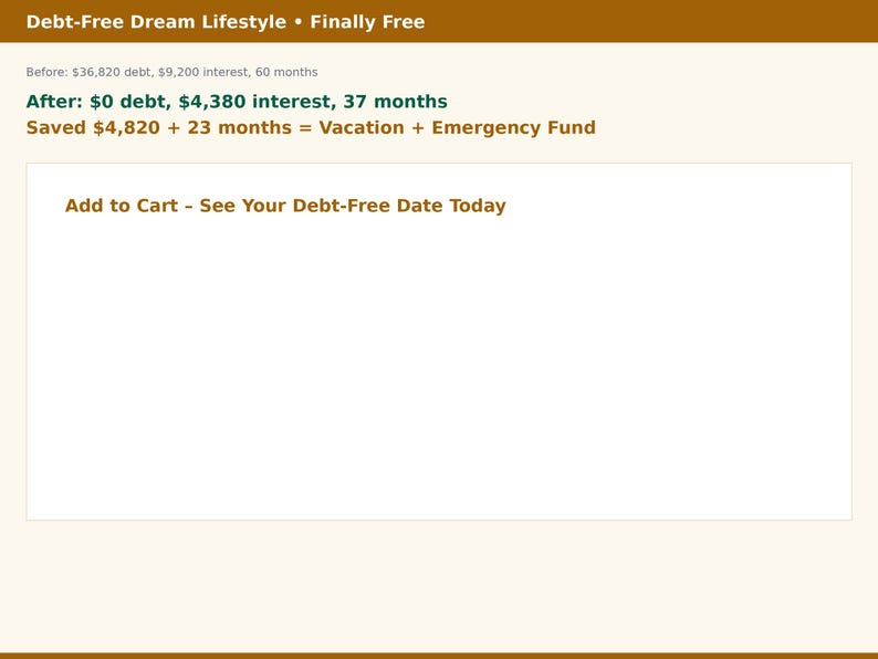 May include: A digital graphic with brown and cream text reading Debt-Free Dream Lifestyle Finally Free. It lists financial data comparing before and after scenarios, showing savings of $4,820 and 23 months, and includes the text Add to Cart - See Your Debt-Free Date Today.
