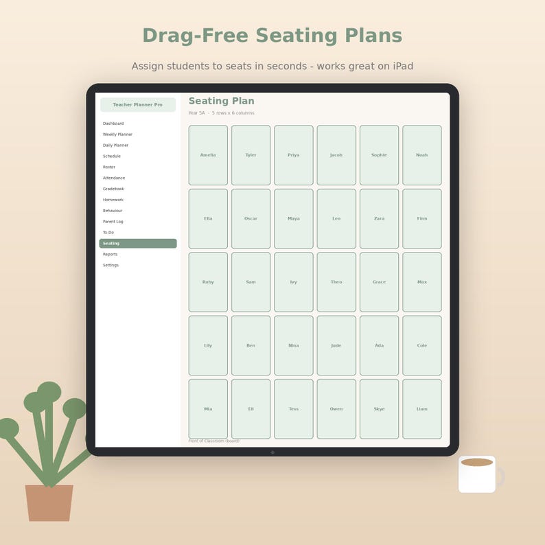 May include: A digital tablet screen displaying a seating plan interface with a grid of student names. The sidebar lists menu options including Dashboard, Weekly Planner, and Attendance. The text reads Drag-Free Seating Plans and Seating Plan.