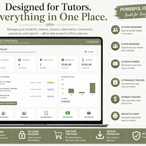 May include: A digital freelance teacher planner interface displayed on a screen. The dashboard shows student counts, class schedules, income, and lesson tracking. A sidebar lists features like student manager, class manager, lesson planner, and attendance tracker.