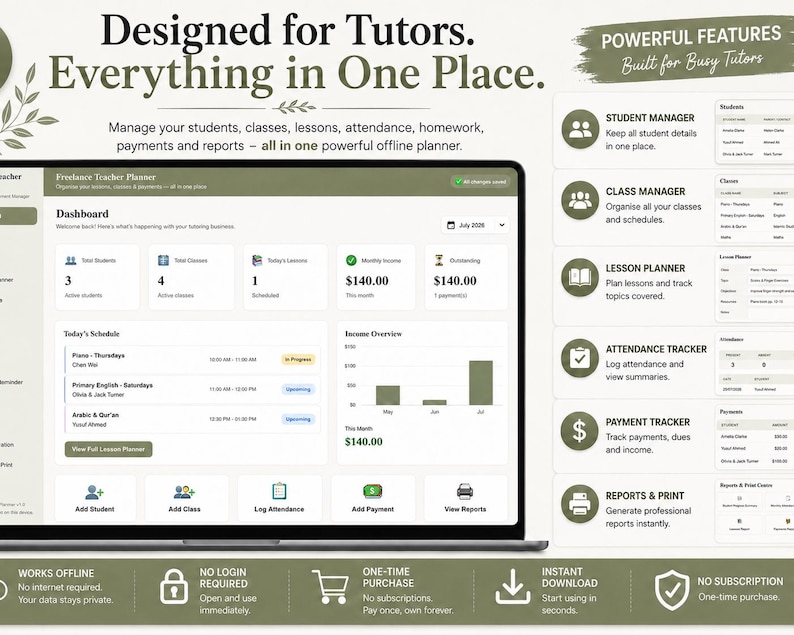 May include: A digital freelance teacher planner interface displayed on a screen. The dashboard shows student counts, class schedules, income, and lesson tracking. A sidebar lists features like student manager, class manager, lesson planner, and attendance tracker.