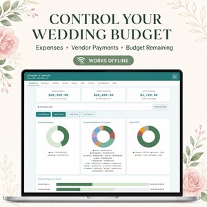 May include: A laptop screen displaying a wedding budget planner dashboard with the text CONTROL YOUR WEDDING BUDGET, Expenses, Vendor Payments, Budget Remaining, and WORKS OFFLINE. The interface shows financial data, pie charts, and progress bars.