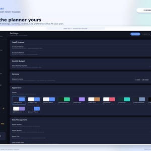 May include: A digital interface for the DebtClear Professional Debt Payoff Planner showing a settings menu. The dark-themed dashboard features sections for Payoff Strategy, Monthly Budget, Currency, Appearance with color themes, and Data Management.