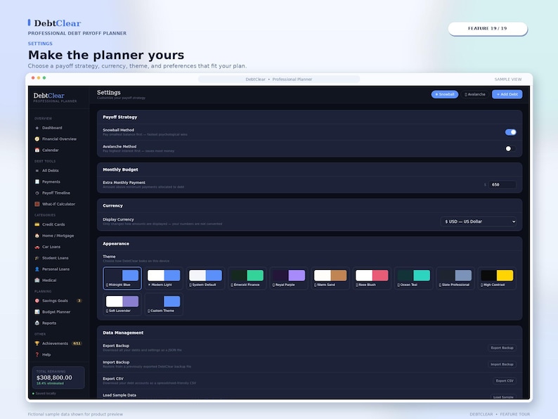 May include: A digital interface for the DebtClear Professional Debt Payoff Planner showing a settings menu. The dark-themed dashboard features sections for Payoff Strategy, Monthly Budget, Currency, Appearance with color themes, and Data Management.