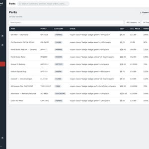 May include: A digital dashboard interface titled Garage Command displaying a parts inventory table. The table lists items like oil filters, brake pads, and batteries with columns for part number, category, stock levels, cost, sell price, and markup.