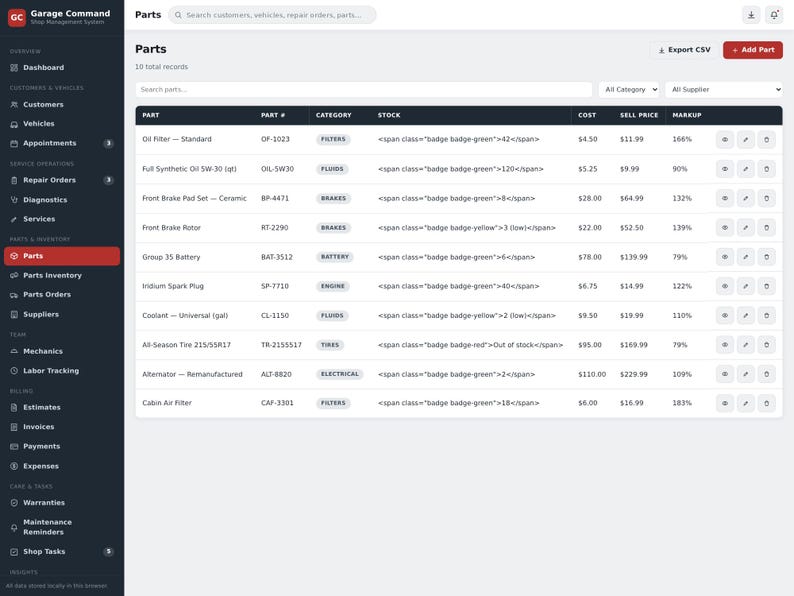 May include: A digital dashboard interface titled Garage Command displaying a parts inventory table. The table lists items like oil filters, brake pads, and batteries with columns for part number, category, stock levels, cost, sell price, and markup.